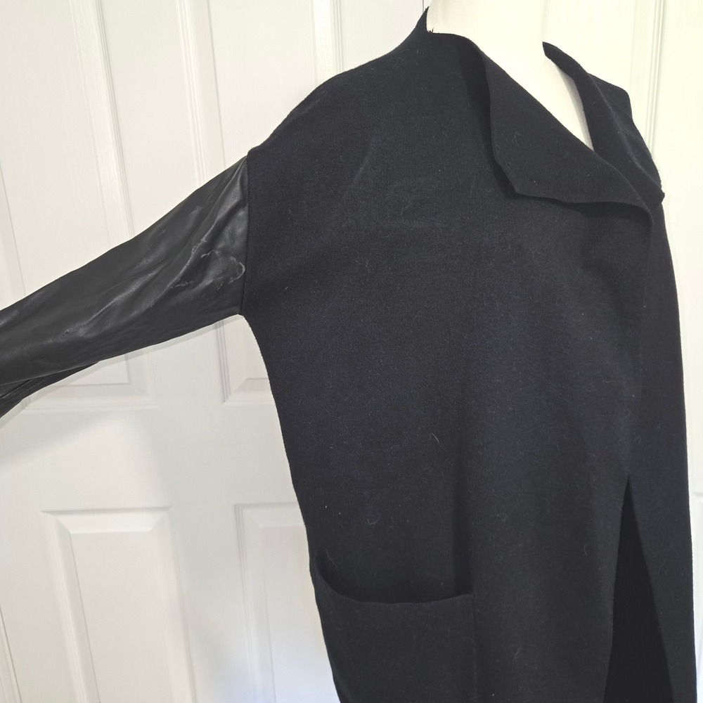 Zara Knit Cardigan Coat Womens S Black Faux Leather Sleeve Open Front Longline